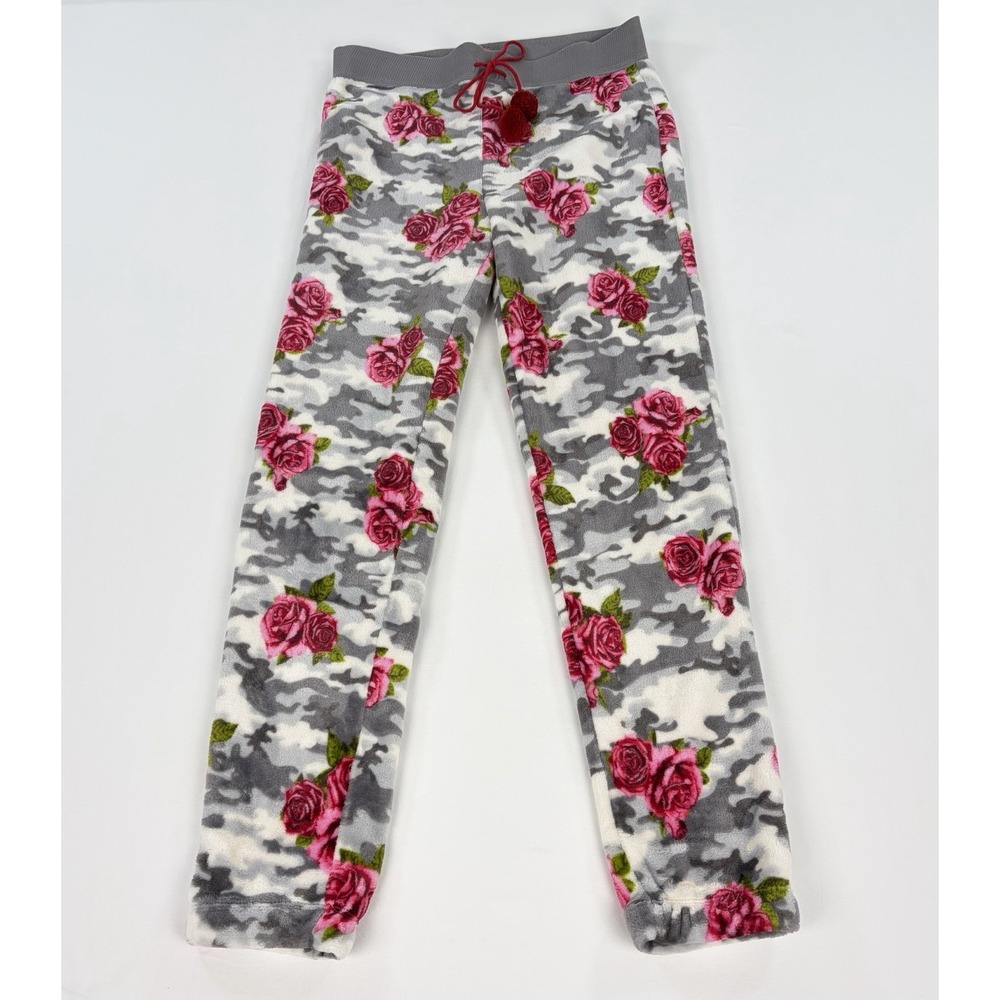 Betsey Johnson Gray Camo Rose Floral Fleece Lounge Pants Drawstring Women's M